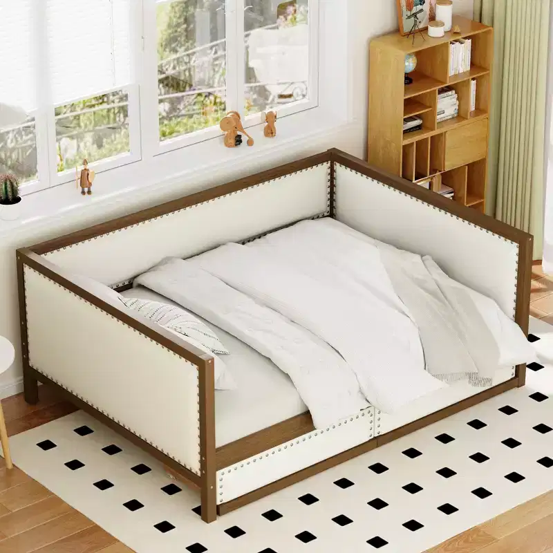 Full Size Upholstered Daybed with Trundle and Nailhead Decoration