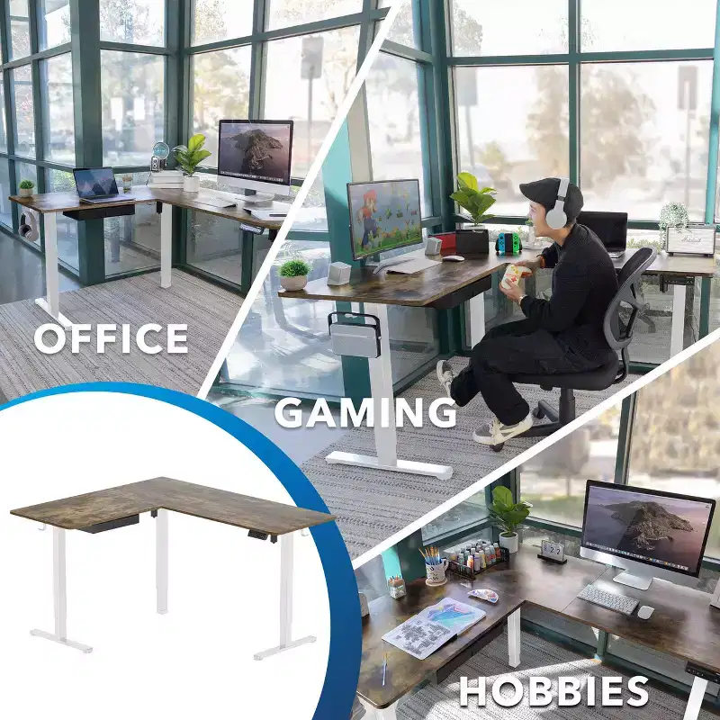 Mount-It! L Shaped Standing Desk - Large Electric Corner Standing Desk, Height Adjustable Range, White Frame, Rustic Wood Tabletop