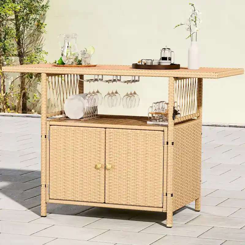 Moasis Outdoor Storage Cabinet Patio Wicker Bar Counter Backyard Furniture w/Plastic Wood Tabletop - 50.4