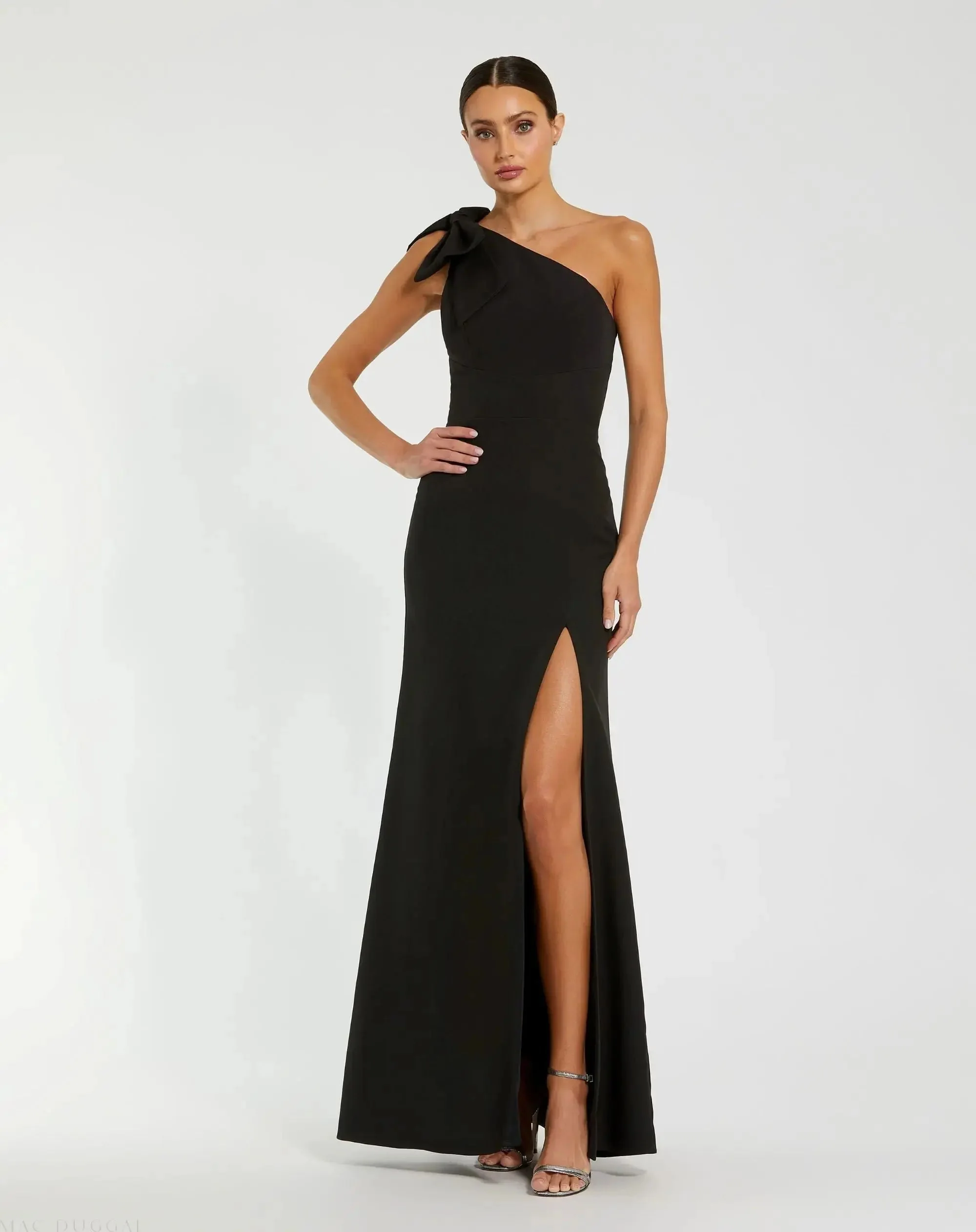 Crepe One Shoulder Fitted Evening Gown With Bow