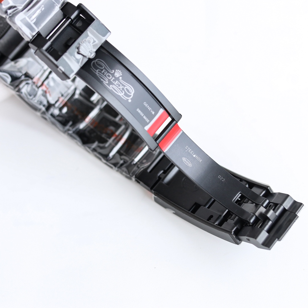 Replica Rolex Deepsea Blaken bracelet clasp with Rolex logo and red stripe detail