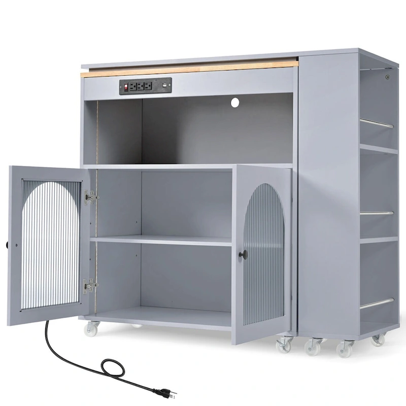 56.3 in. W Kitchen Island with Extended Table, LED Lights and Side 3 Open Shelves