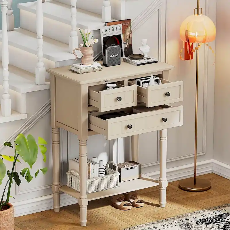 23.7 Farmhouse Solid Wood Console Table with 3 Drawers and Bottom Shelf