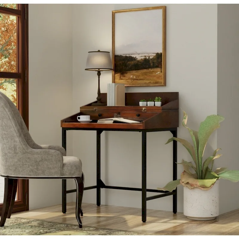 Solid Mango Wood Writing Desk with 2 Drawers - Chestnut/Black