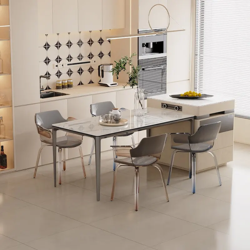 Carbon Grey & White Sintered Stone & Tempered Glass Rectangular Dining Table with Aluminum Legs – Seats 6