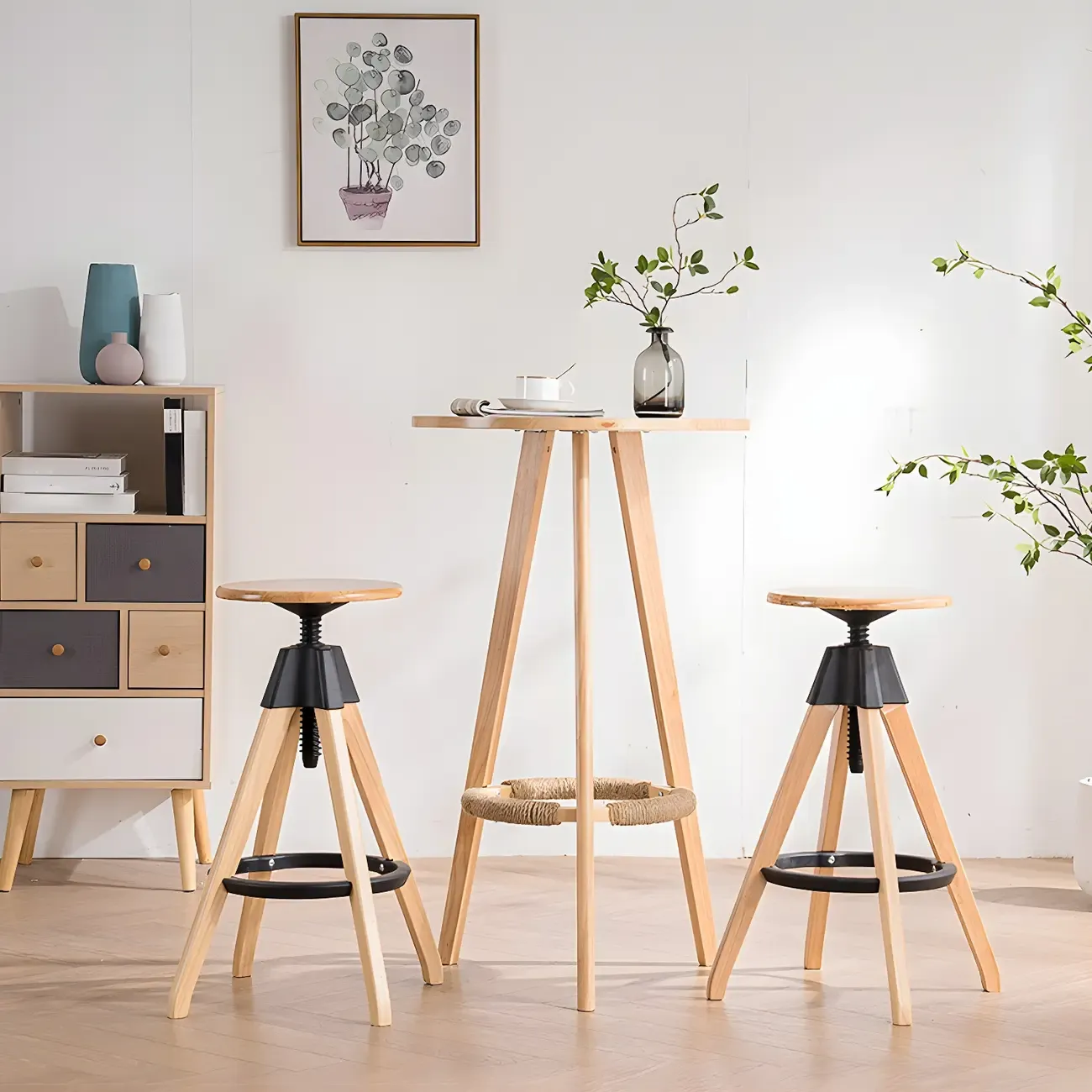 Adjustable Brown Wooden Swivel Backless Bar Stools