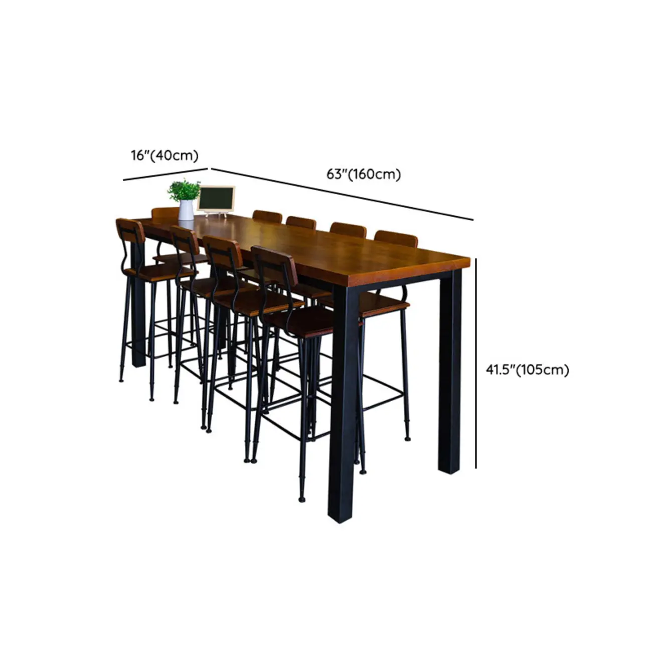 Industrial Brown Wood Black Iron 4-Leg Rectangular Bar Tables