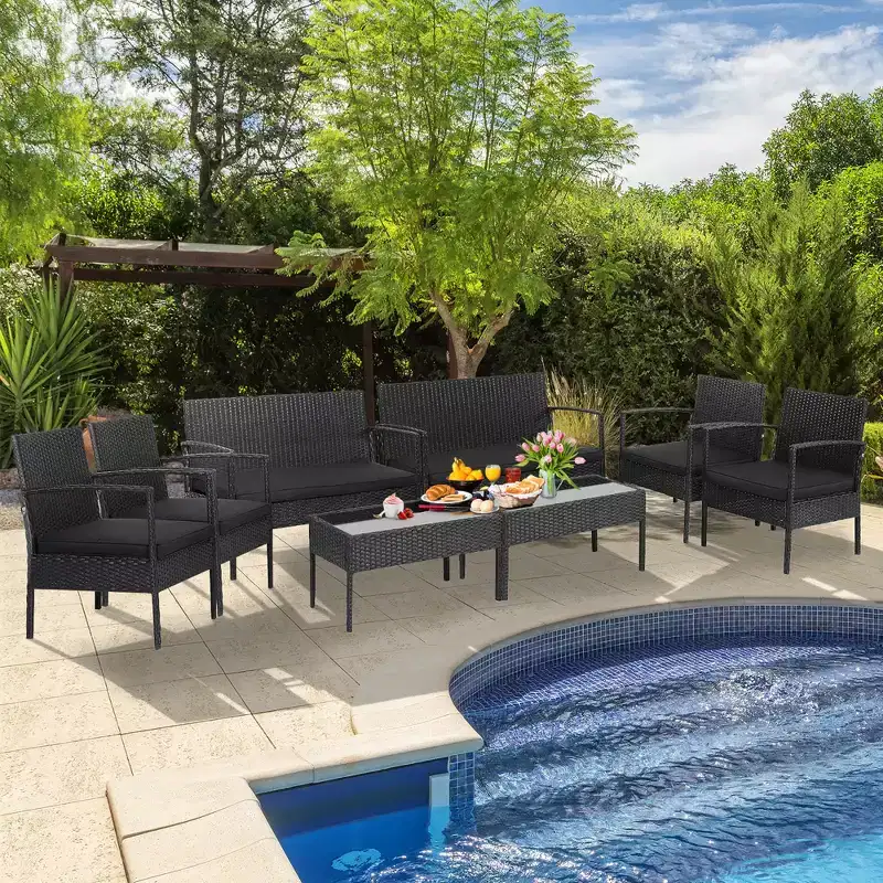 Costway 8 PCS Patio Rattan Furniture Set Cushioned Sofa Armrest Garden Black