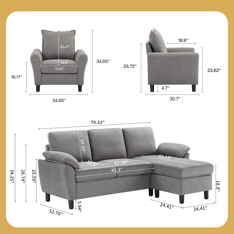 3-Piece Living Room Sectional Sofa Set with Chair and Ottoman