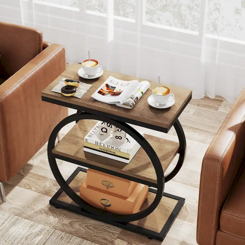 Industrial 3-Shelf Narrow End Table – Brown / Grey / Oak / Yellow