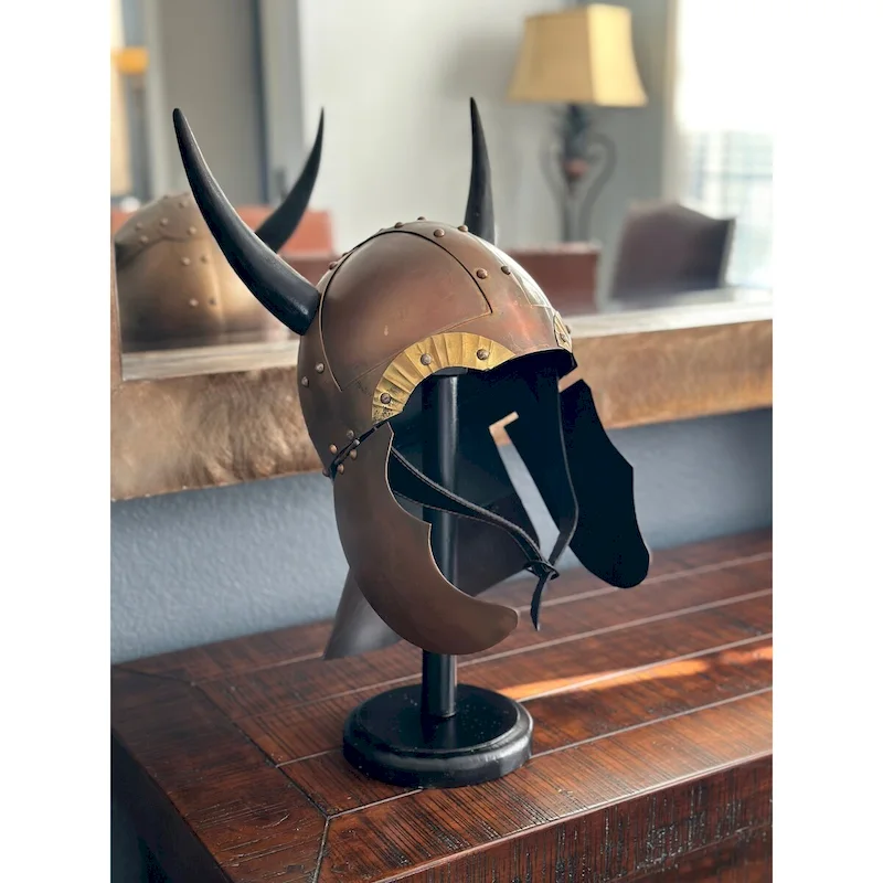 Horned Authentic Medieval Viking Iron Helmet Replica with Display Stand - N/A