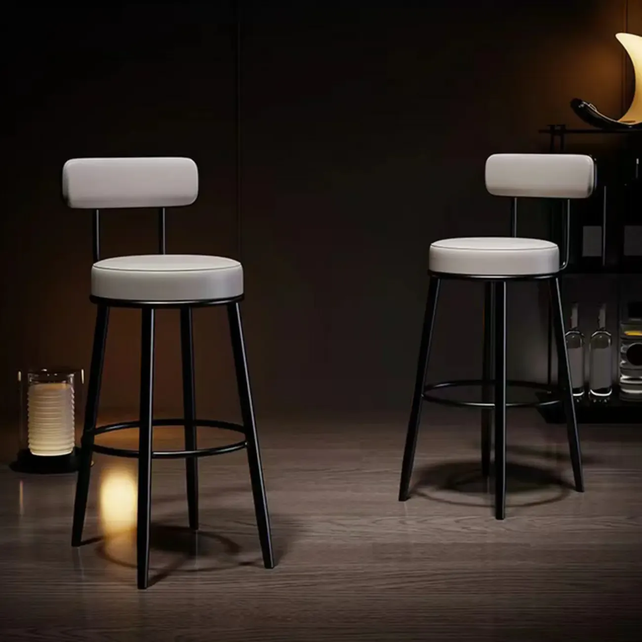 Modern Round Iron Open-Back Upholstered Bar Stool