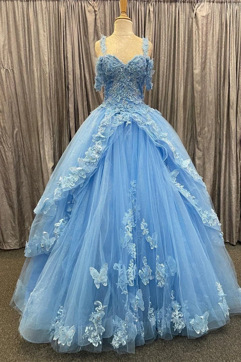 Blue Tulle Sweetheart Multi-Layer with 3D Floral Lace Quinceanera Dress
