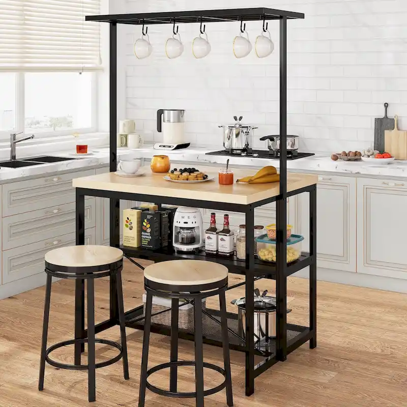 Natural/Brown/Beige Two-Tone Kitchen Island with 3-Tier Shelves & 5 Hooks for 4