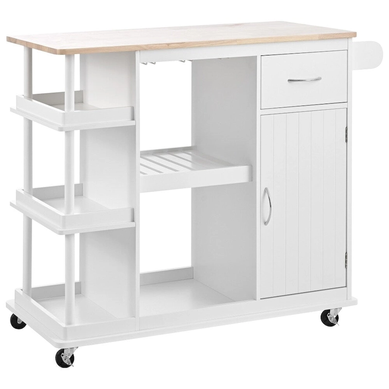 Rubber Wood Kitchen Cart with Adjustable Shelves and Wine Rack