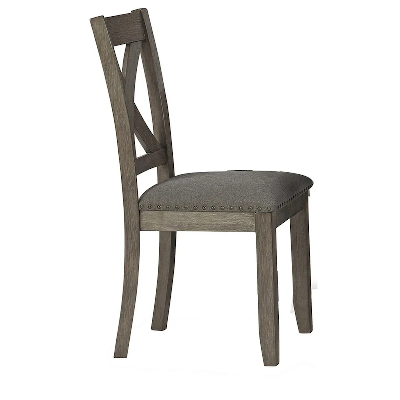 7 Piece Dining Table Set, Lattice Back Chairs, Dark Gray Wood, Polyester