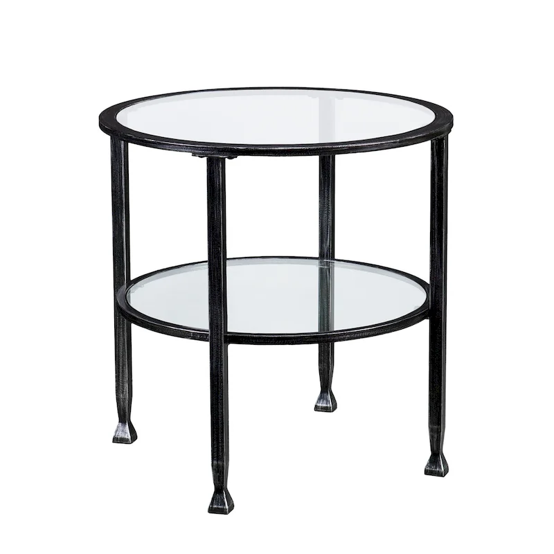 SEI Furniture Glenn Distressed Black Metal Round Side Table with Glass Top and Shelf