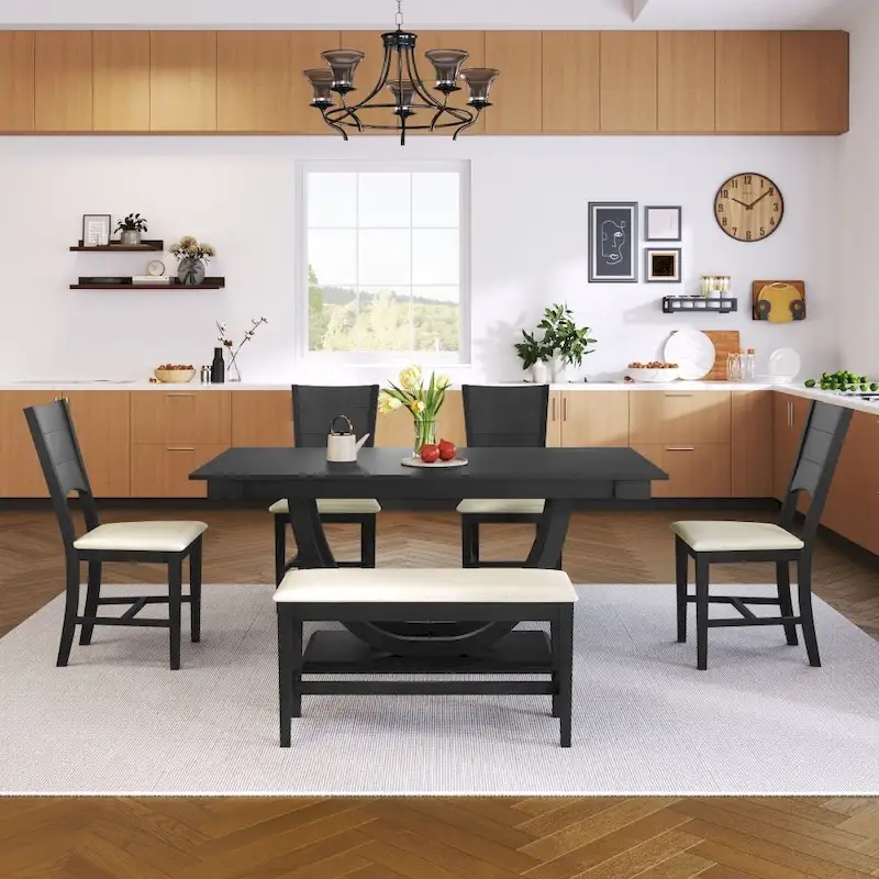 6-Piece Wood Half Round Dining Table Set Kitchen Table Set with Long Bench and 4 Dining Chairs