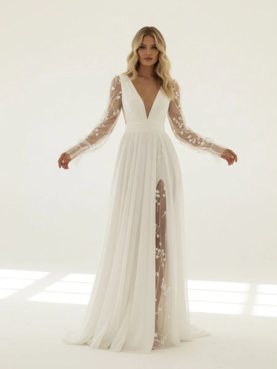 Long Sleeve Boho Flowy Wedding Dress Lace A-Line V-Neck Beach Gown with Split Front and Sweep Train