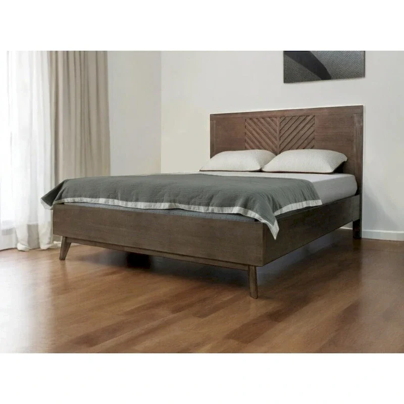 HomeRoots Brown Carved Geometric Solid Wood King Bed Frame