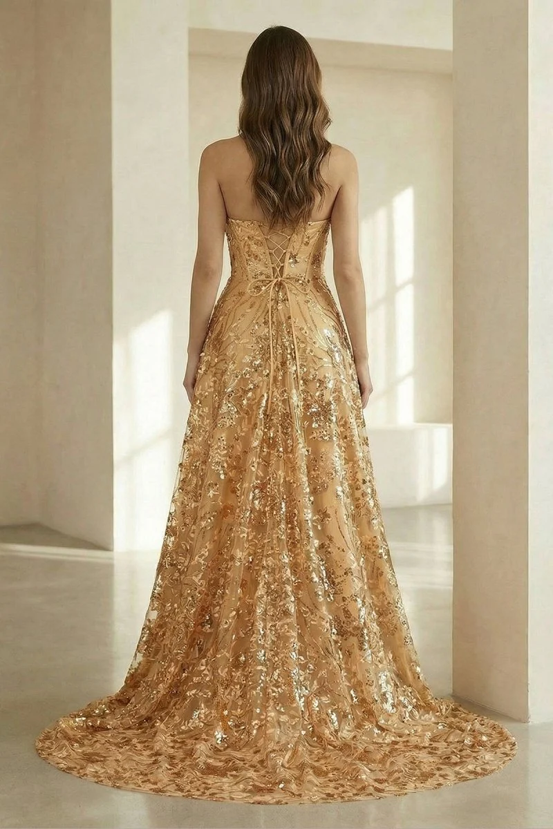 Gold Strapless A Line Sequined Lace Formal Prom Dresses With Slit