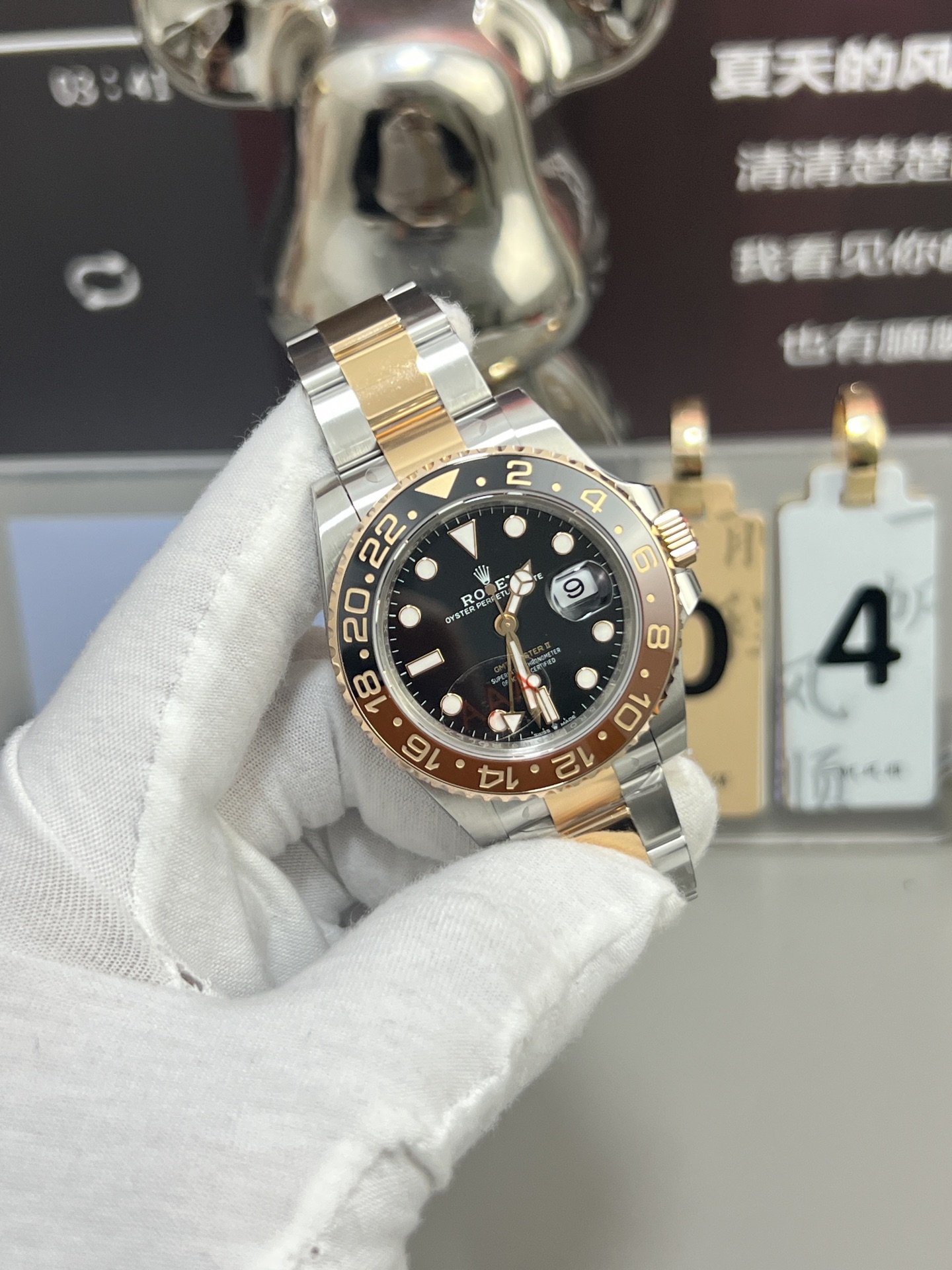 Rolex GMT Master II replica 3285 angled front view two tone bracelet and bezel