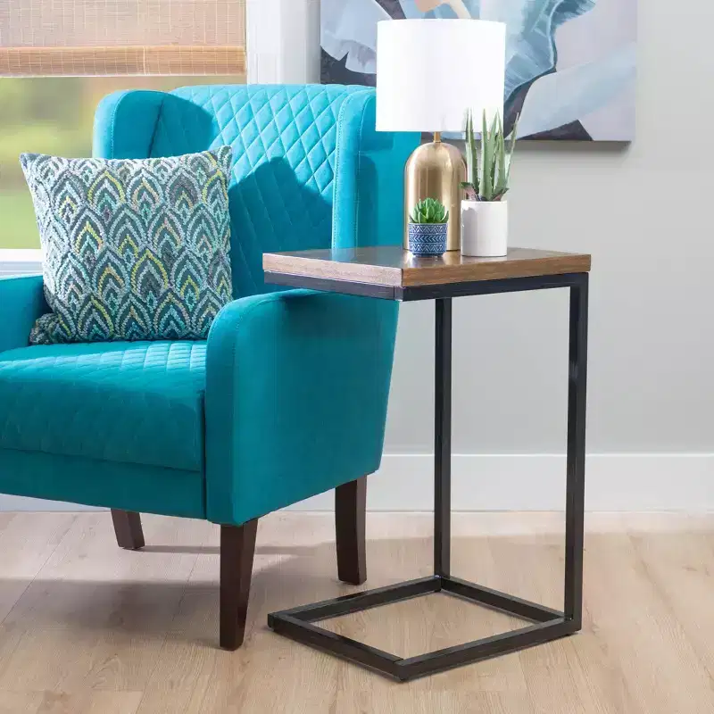 Hamri Traditional C Style Accent Table Walnut Wood and Hand Distressed Black Metal Frame - Powell: Sofa Side, Bedroom Use