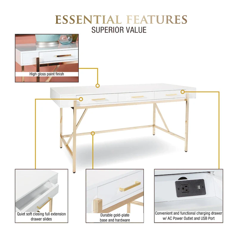 White/Black High-Gloss Writing Desk with Gold Detail, 1-Person