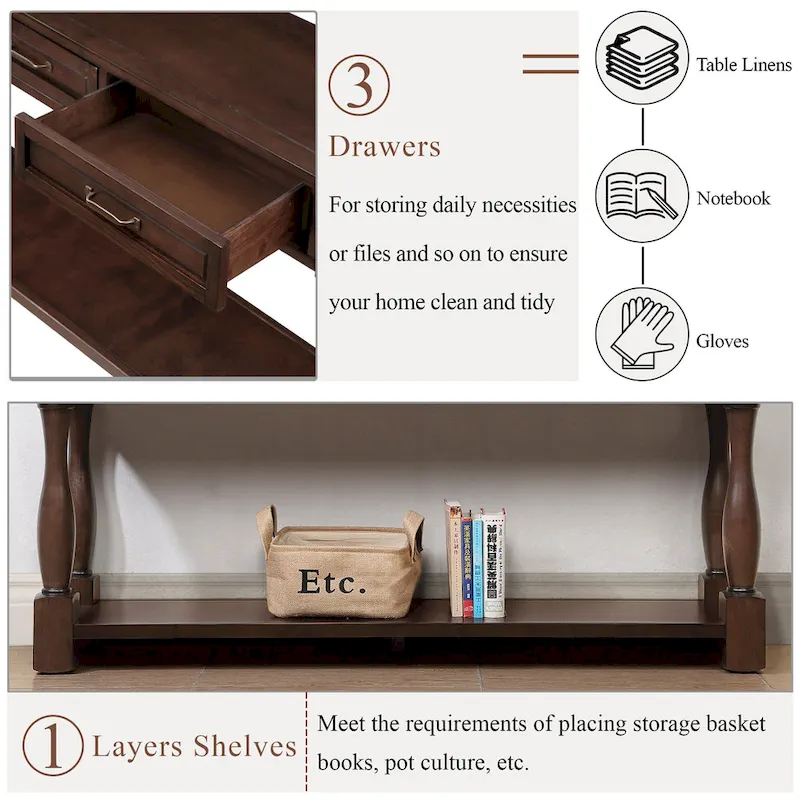 Long Wood Console Table with 3 Drawers and 1 Bottom Shelf