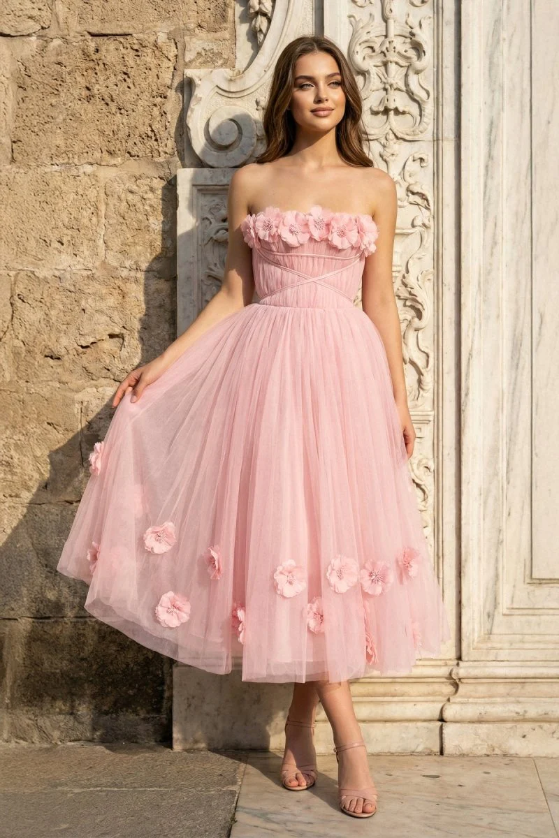 Princess Strapless Light Pink Prom Dress with Flowers