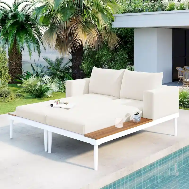 Outdoor Patio Daybed with Acacia Wood Side Spaces