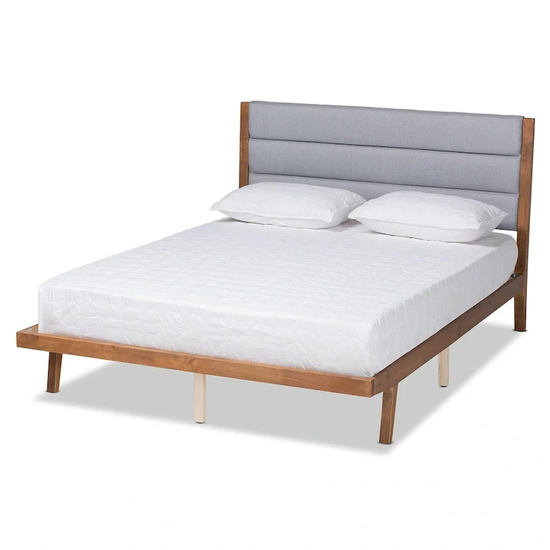 Transitional Fabric Upholstered Wood Platform Bed - Light Grey, No Box Spring