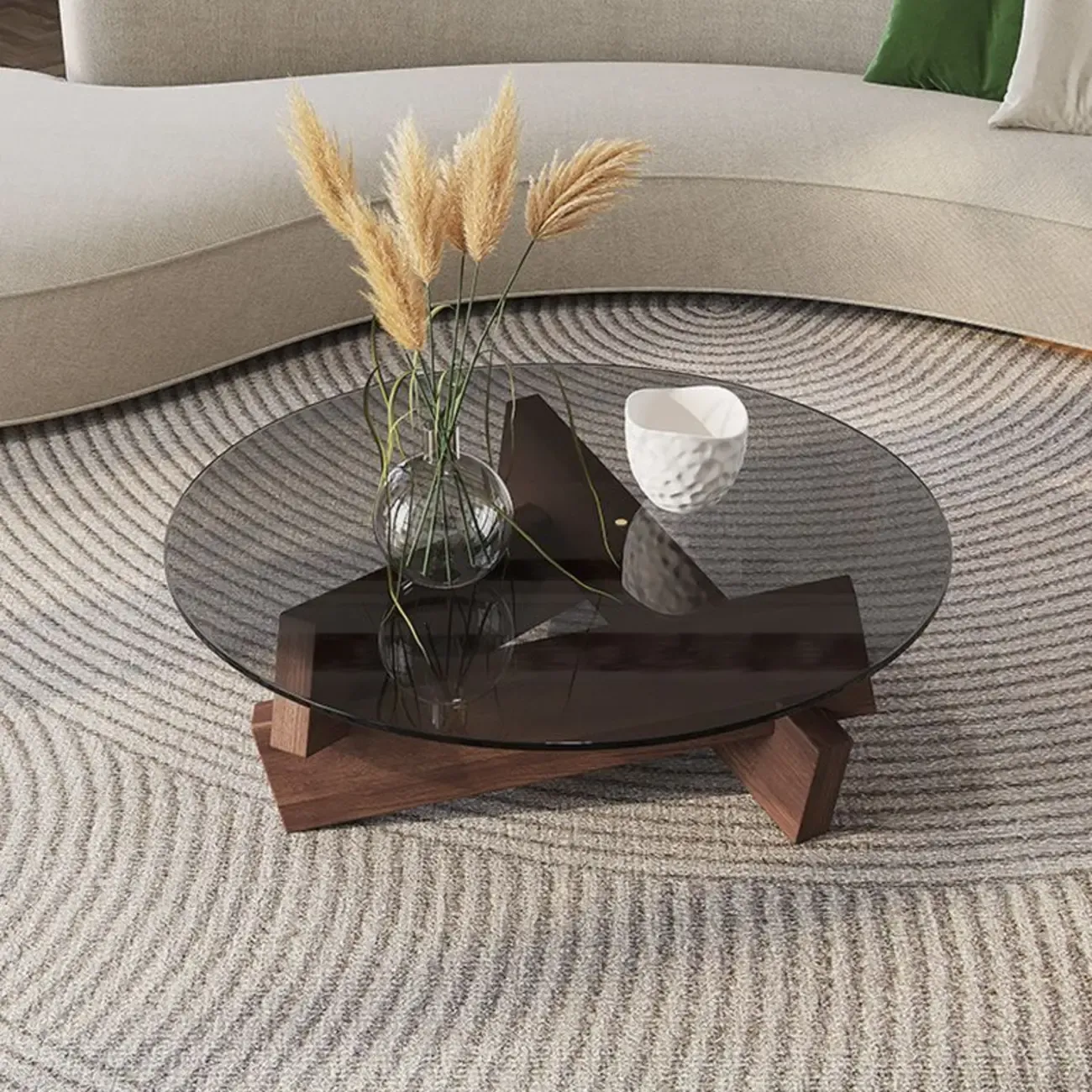Minimalist Rubberwood Round Glass Coffee Table