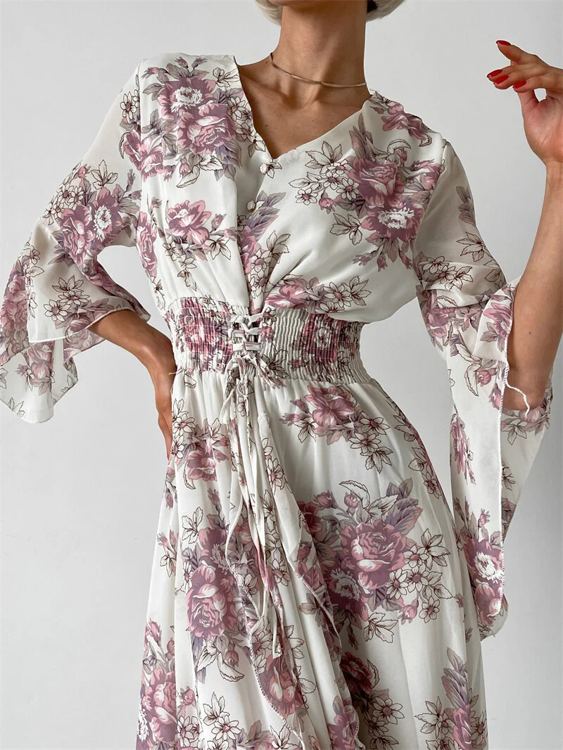 flowersverse Black White Yellow Pink Chiffon Floral Maxi Long Dresses V Neck Sexy Elegant Vintage Bandage Evening Party Dresses For Women