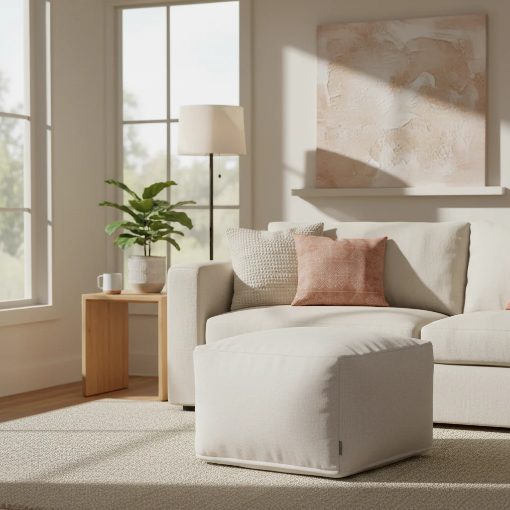 Indoor Square Ottoman Pouf, Poly/Linen Blend, 27