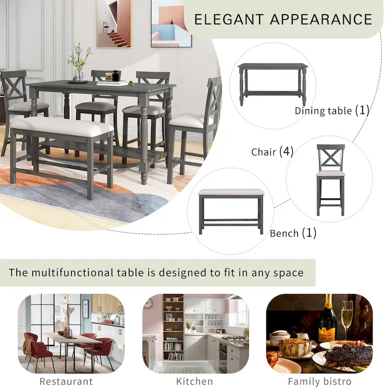 Nestfair 6-Piece Counter Height Dining Table Set with Chairs and Bench