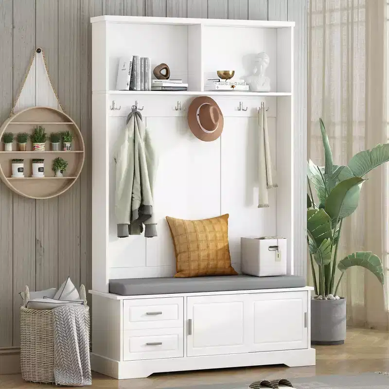 Okak Elegant Hall Tree with Sliding Doors and 6 Silvery Hooks, Coat Rack with Cushion Bench Cabinet and Shoe Storage for Hallway, Living Room, White