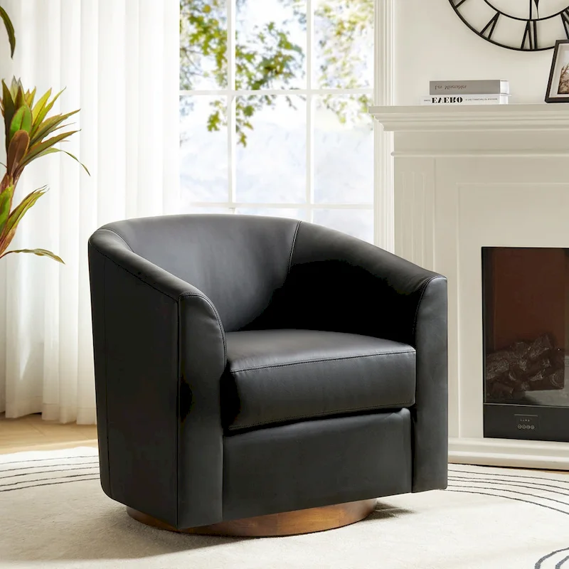 Haley Modern Swivel Barrel Faux Leather Chair with Solid Wood Base by