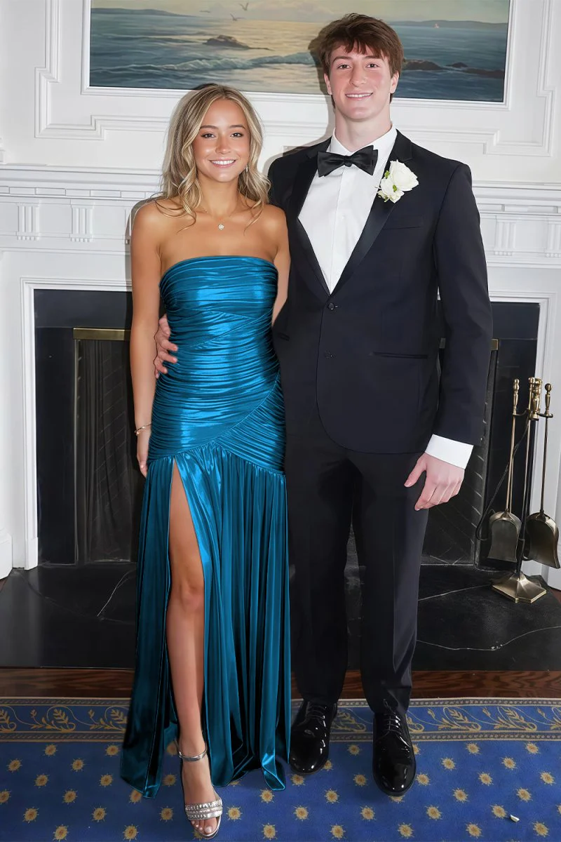 Champagne Mermaid Strapless Metallic Long Prom Dresses with Pleats