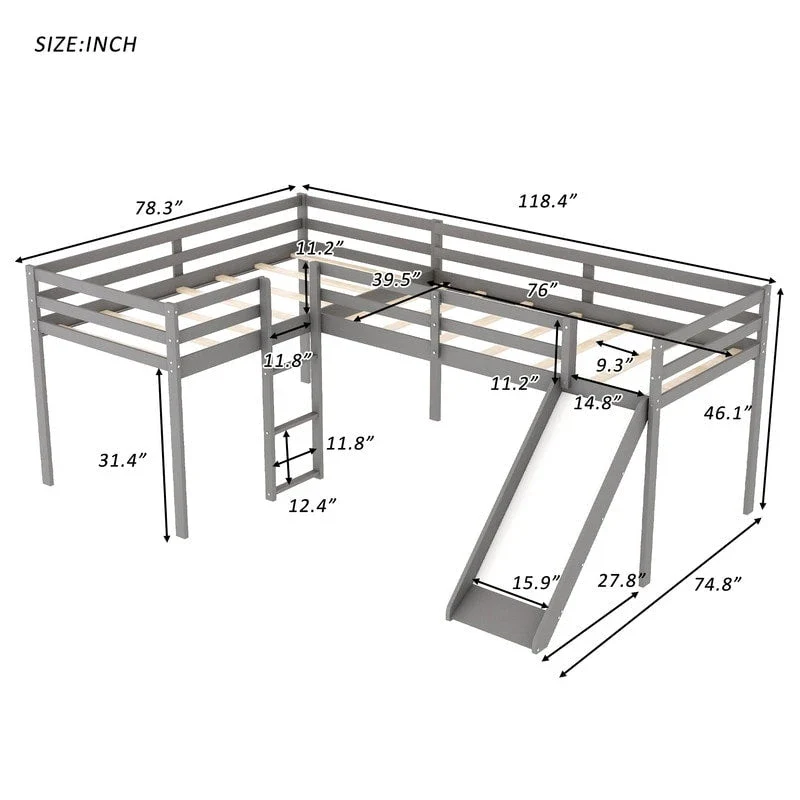 Gray/White Twin L-Shaped Loft Bed with Slide & Ladder, 2-Bed