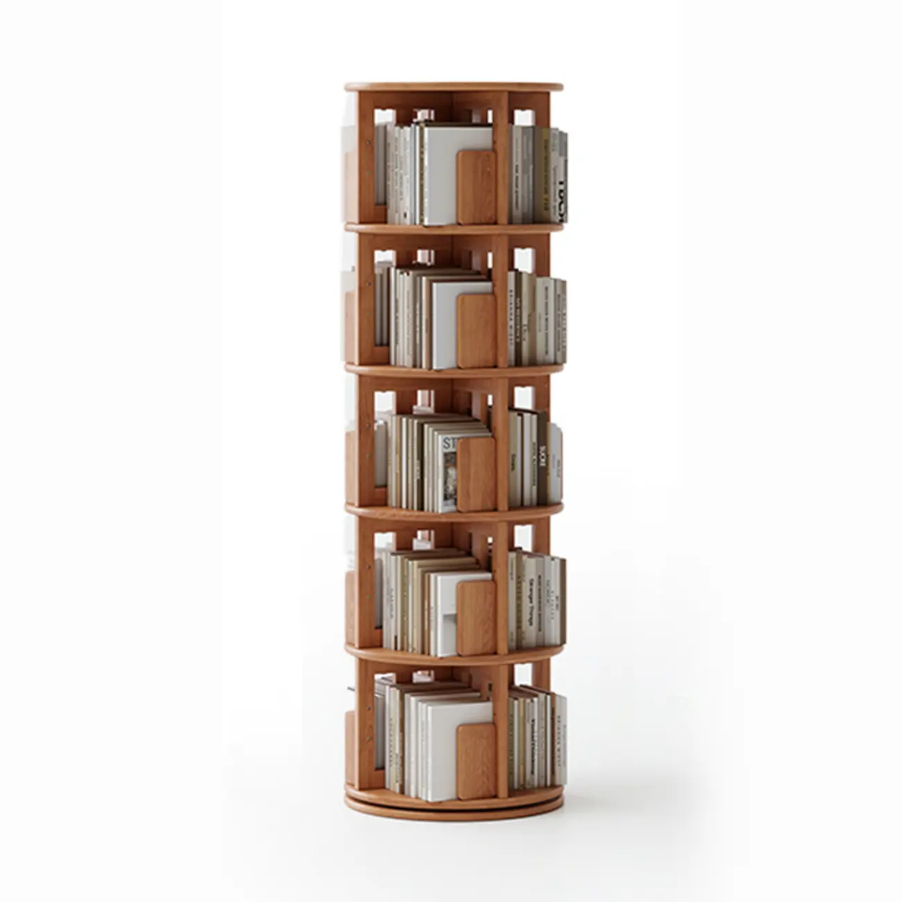 Cylindrical Movable 360° Rotating Wooden Bookshelf with Drawer