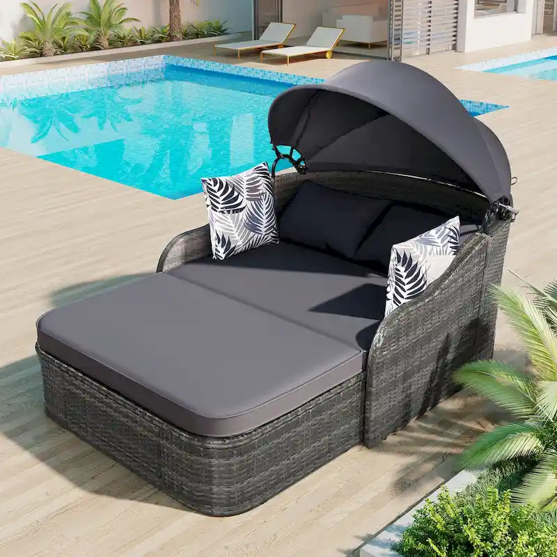 79.9 Outdoor PE Rattan Daybed with Adjustable Canopy