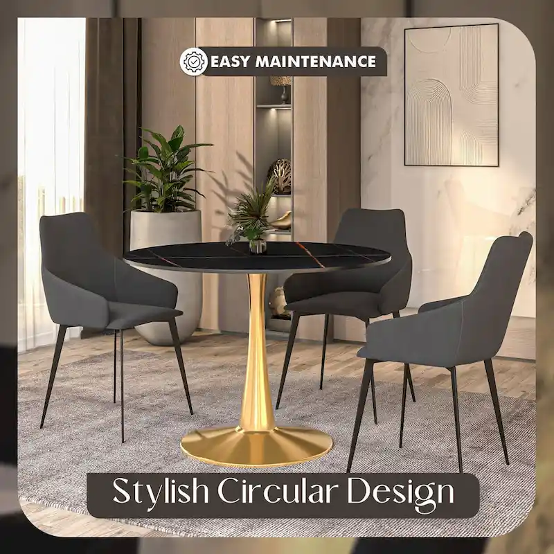 LeisureMod Round Dining Table 40 Sintered Stone Tabletop in Gold Steel Bistro Series
