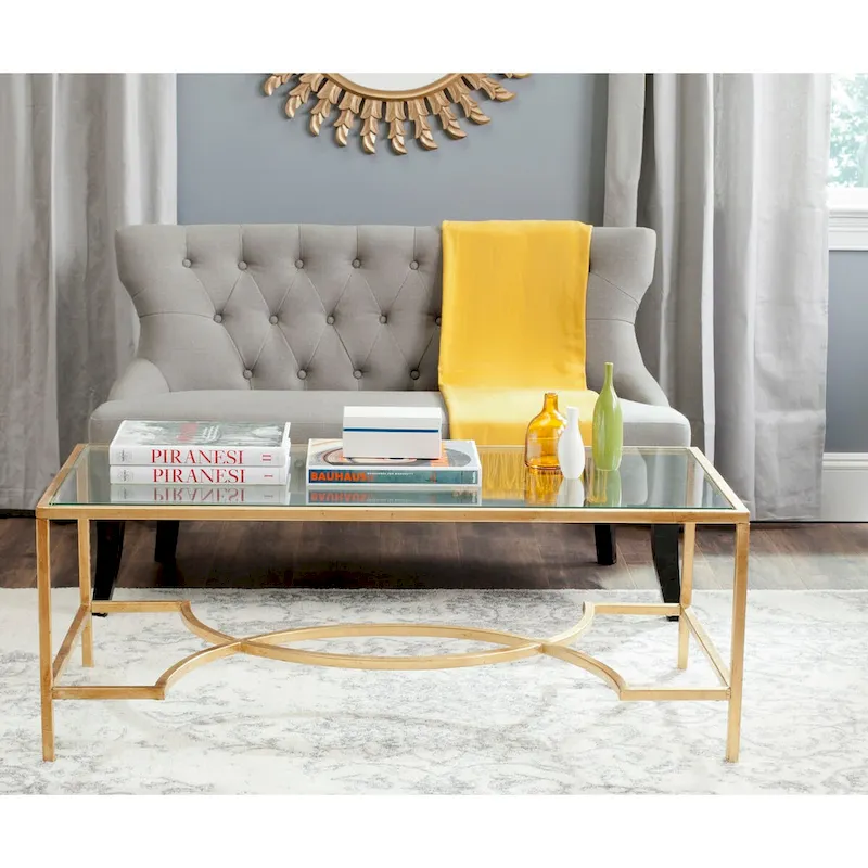Gold / Silver Iron & Tempered Glass Coffee Table with Curved Stretcher - Single Use