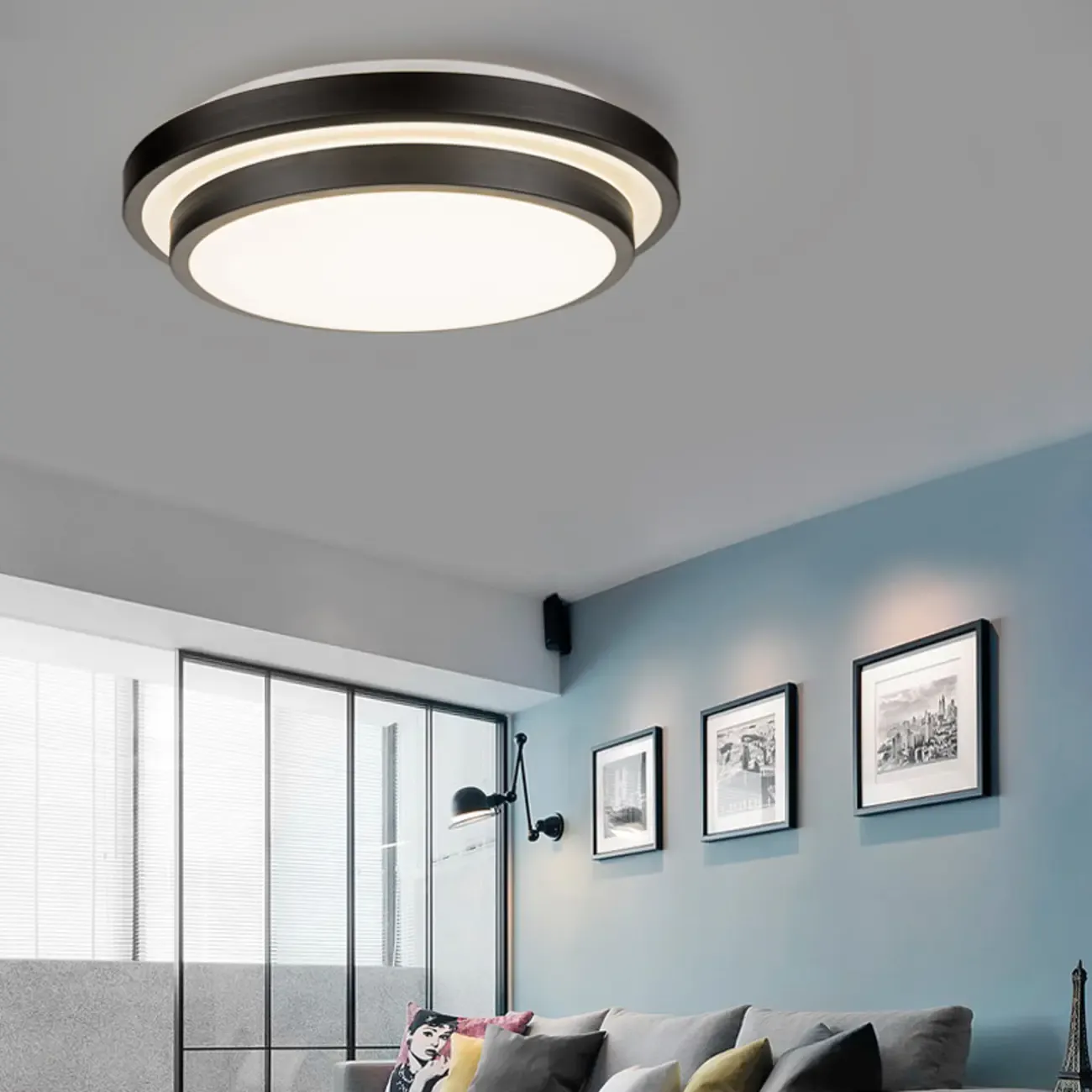 Industrial Black Round Warm LED Flush Mount Ceiling Light
