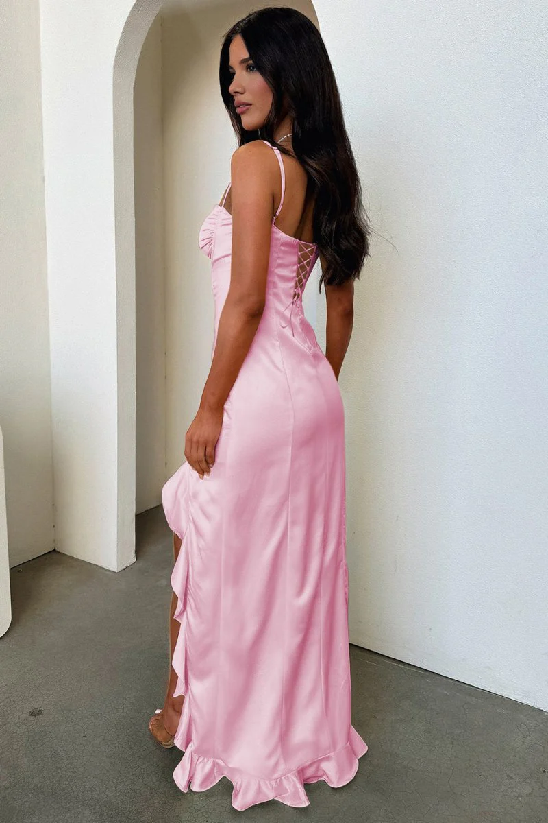 Yellow Sheath Satin Sweetheart Long Prom Dresses with Ruffles