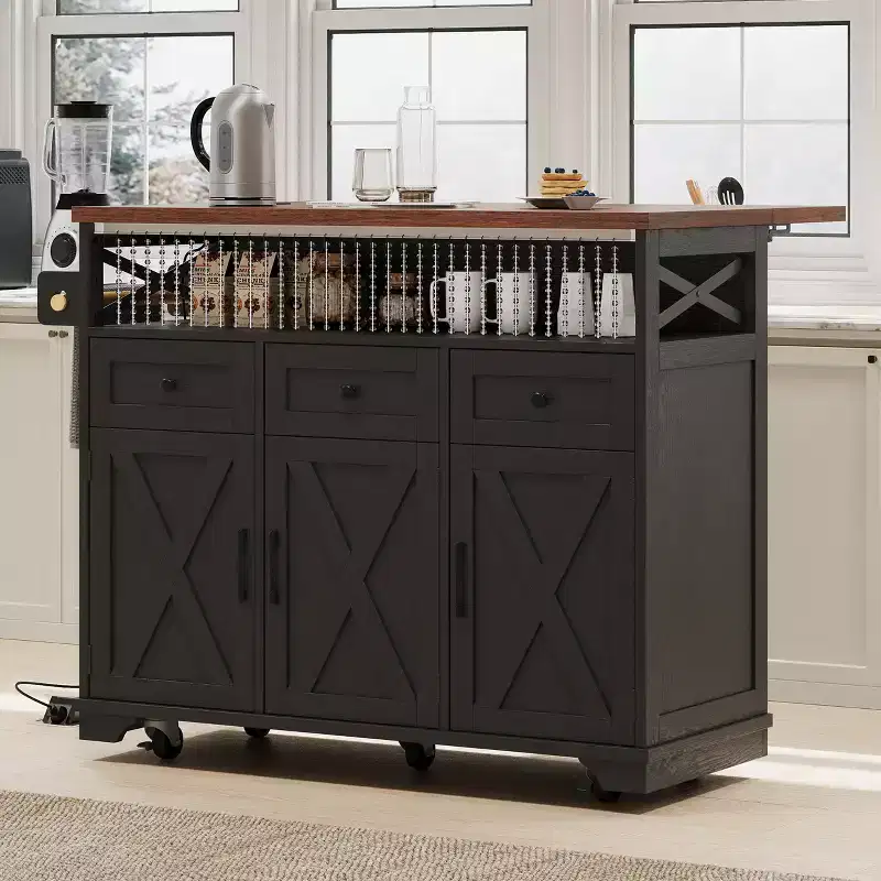 46.5 Farmhouse Kitchen Island with Power Outlet & Beaded Drape - Rolling Cart with Drop Leaf, 3 Drawers & Locking Wheels