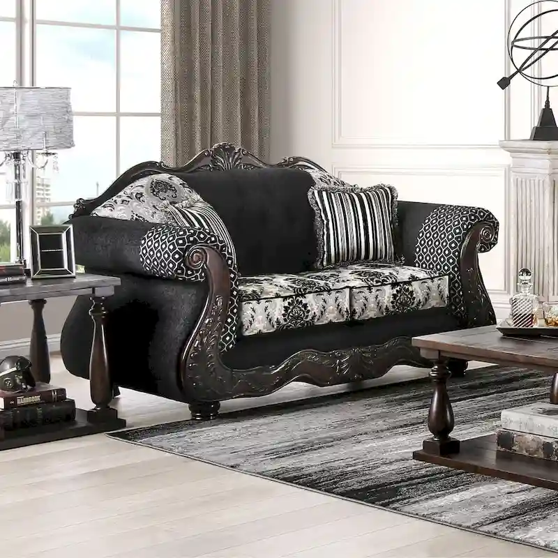 Traditional Black Fabric Loveseat