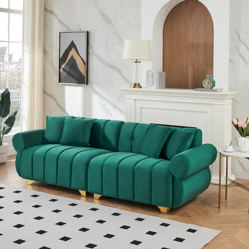 Green Velvet 3-seater Sofa with Spring-Wrapped Cushions