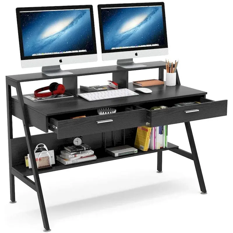 White / Black Computer Desk with 2 Drawers, Monitor Stand & Bottom Storage Shelf – Single